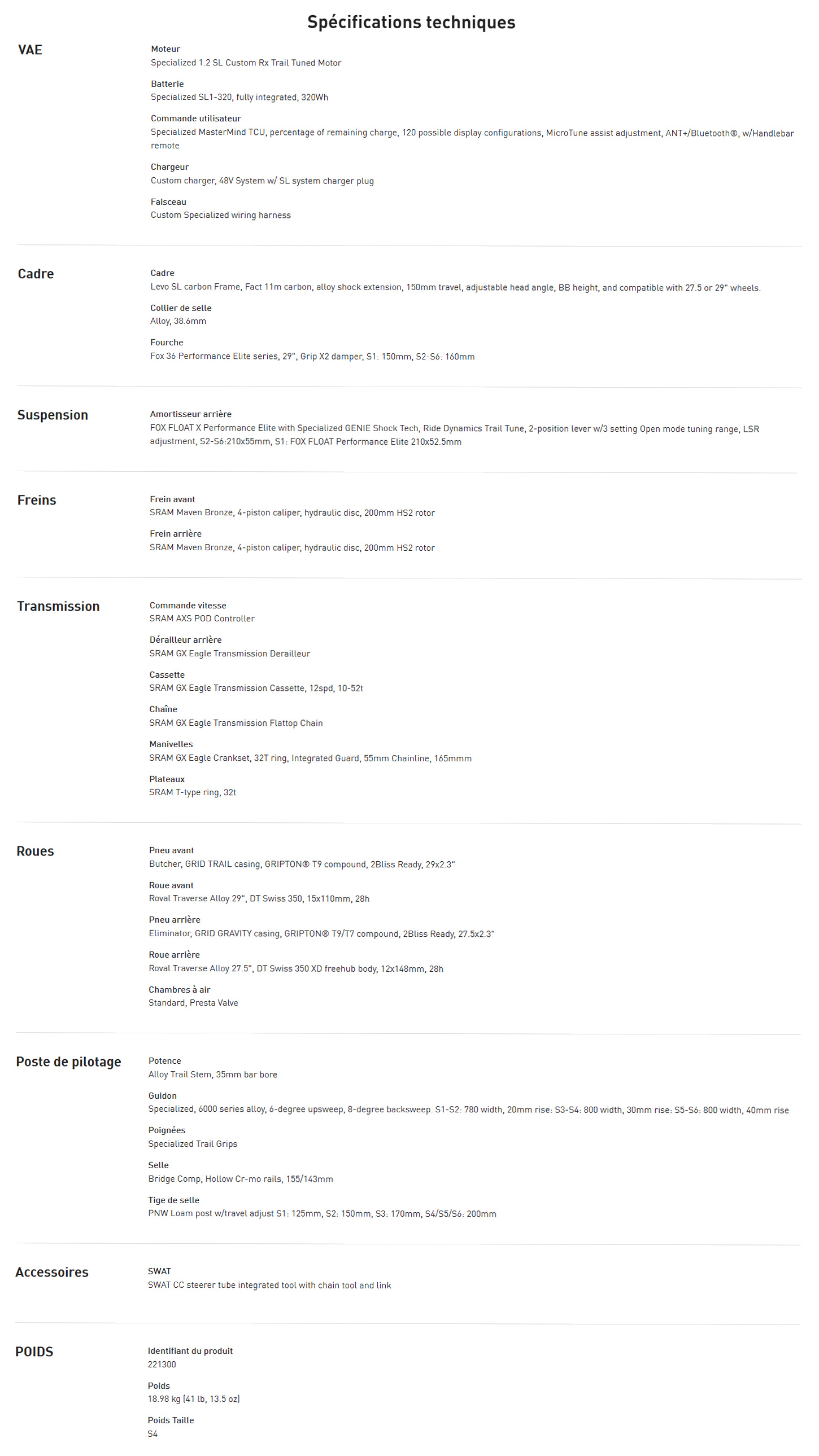 Fiche technique du vélo électrique Turbo Levo SL 2 Expert année 2025